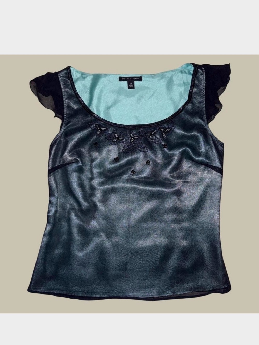Banana Republic Black/Navy 100% Silk Beaded Scoop Neck Top Size M